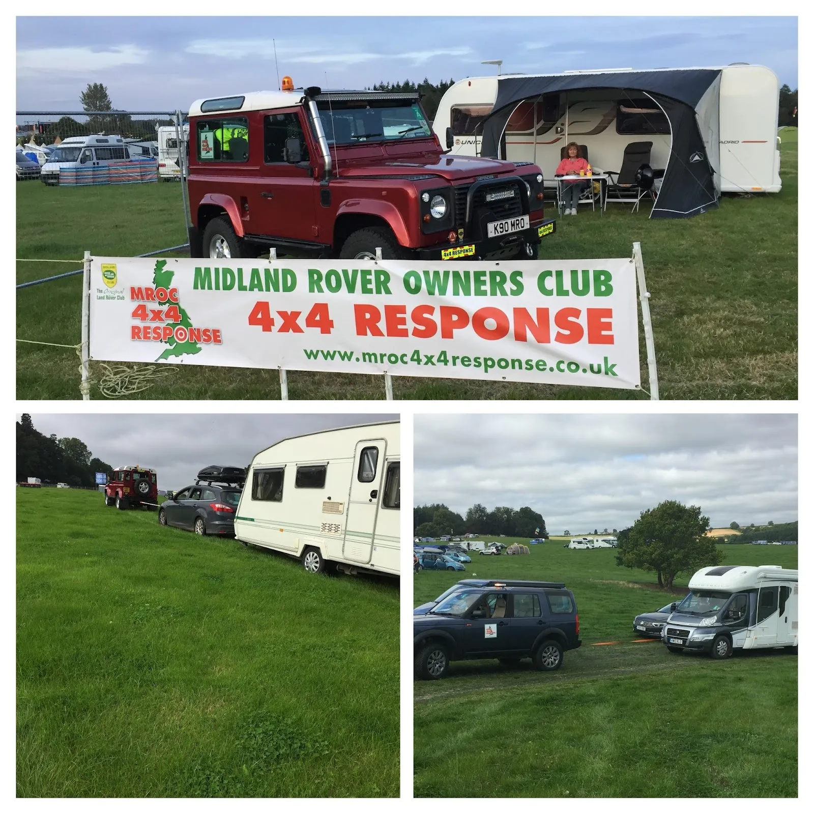 Response vehicles and the group banner among caravans on a festival camping field