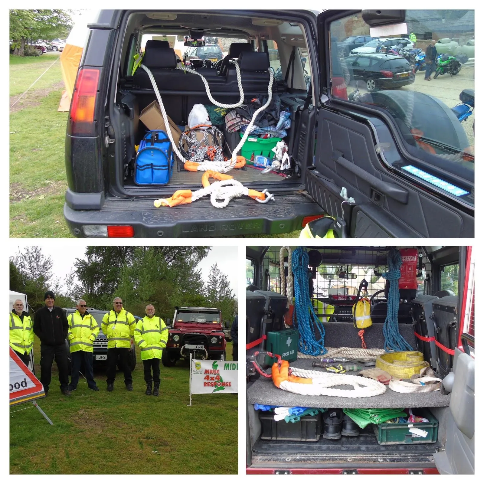 Recovery kit laid out in a Discovery loadspace, and volunteers in hi-vis at a group stand